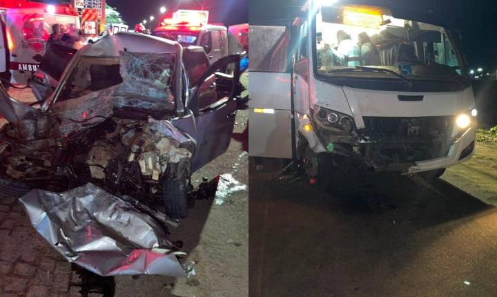 Colisão entre carro e micro-ônibus deixa motorista preso às ferragens na BA-409 entre Coité e Serrinha