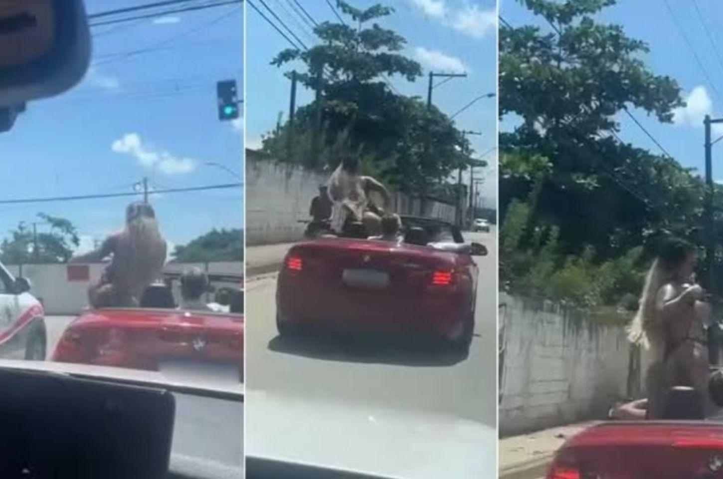 Mulher é flagrada rebolando e exibindo os seios para viatura da PM