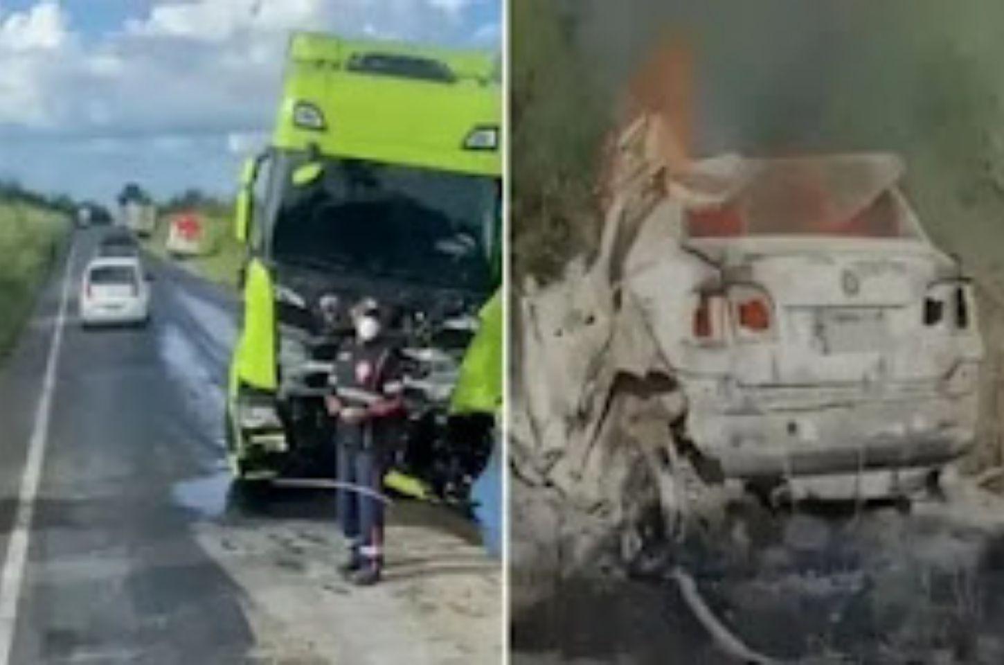 Quatro pessoas morrem carbonizadas em acidente envolvendo caminhão e carro na Bahia