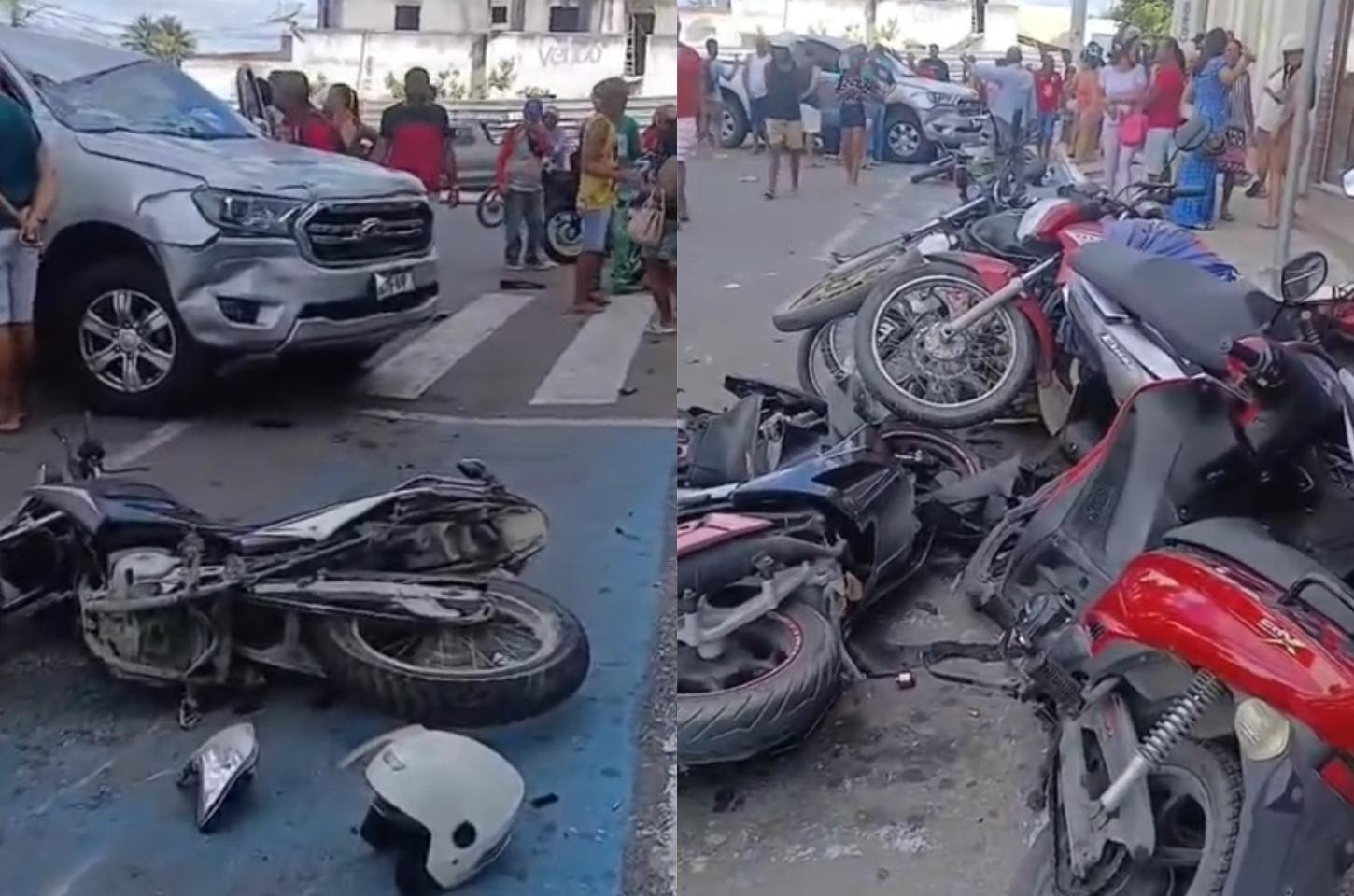 Caminhonete desgovernada causa acidente com várias motocicletas no centro de Coité