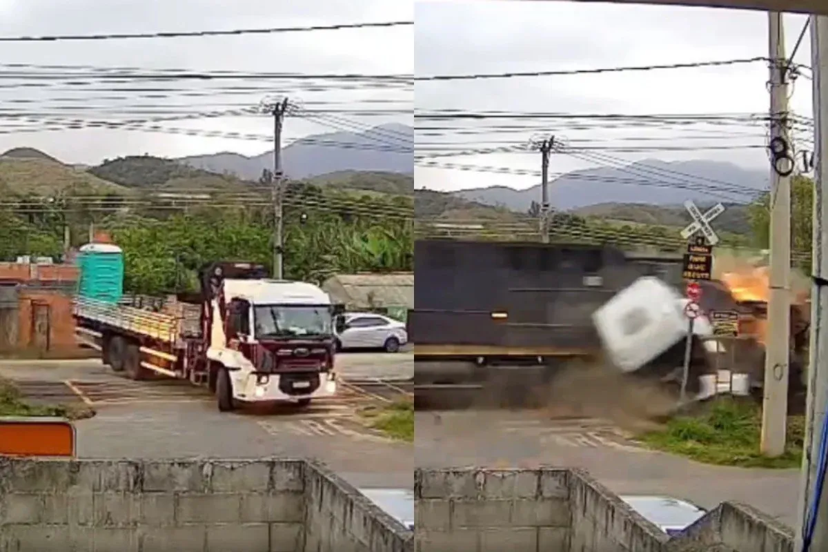 Vídeo: caminhão é atingido por trem em Vassouras; duas pessoas ficam feridas